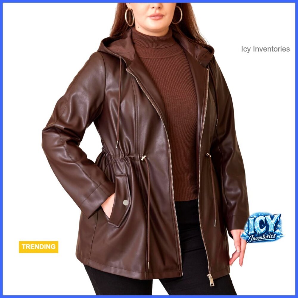Faux Leather Motorcycle Jacket Plus Size Hooded Trench Coat
